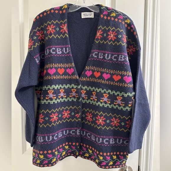 United Colors Of Benetton Small Button Up Violet Colorful Cardigan Sweater VTG - Picture 1 of 10